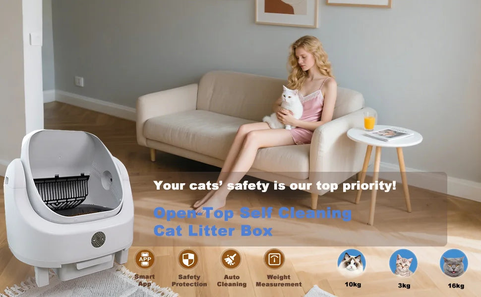 HeyboLux Large Capacity Self Cleaning Cat Litter Box with Safety App Control Odor Free Automatic Smart Open Waste Bin for Cats